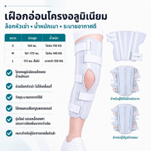 เฝือกอ่อนพยุงเข่าโครงอะลูมิเนียมสีขาว แบบล็อกเข่า มีช่องเปิดหัวเข่าและสายรัดหลายตำแหน่ง